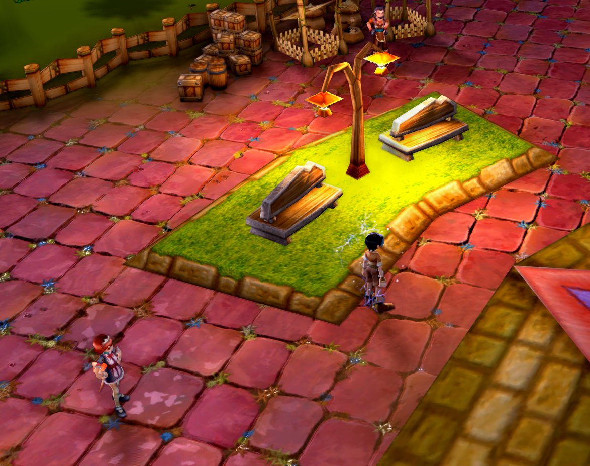 A street lamp casting warm light over a small lawn with two benches at night