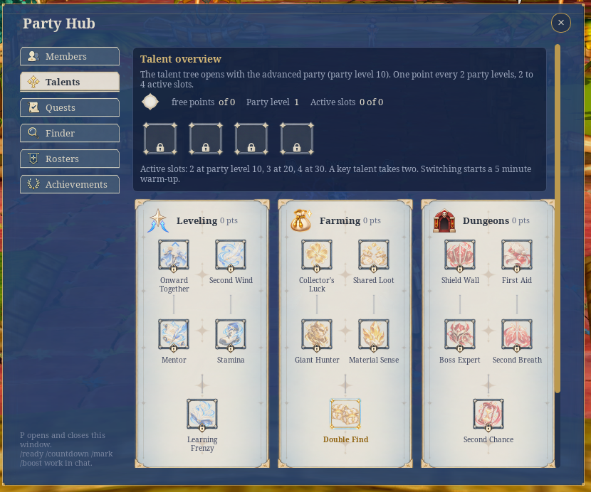 The Party Hub window: talent overview with the Leveling, Farming and Dungeons talent trees